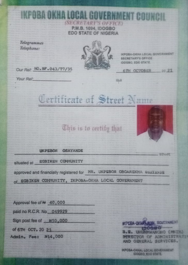 Fraud In Ikpoba Okha Local Govt Council As Staff Issued Double Certificates For Street Naming