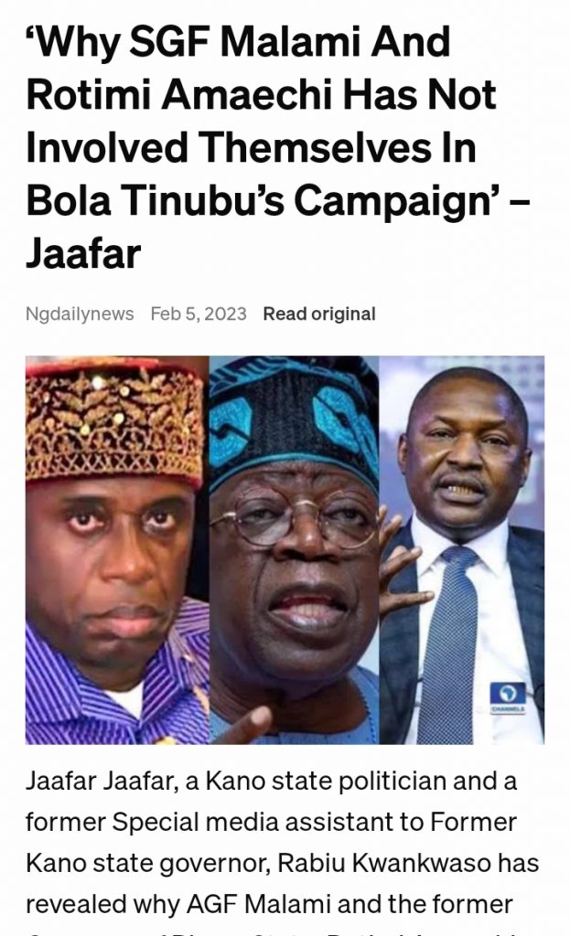 ‘Why Malami, Rotimi Amaechi Boycotts Bola Tinubu’s Campaign’ – Jaafar