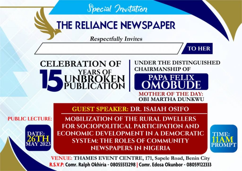 The Reliance Newspaper Celebrates 15 Years Unbiased, Unbroken Publication