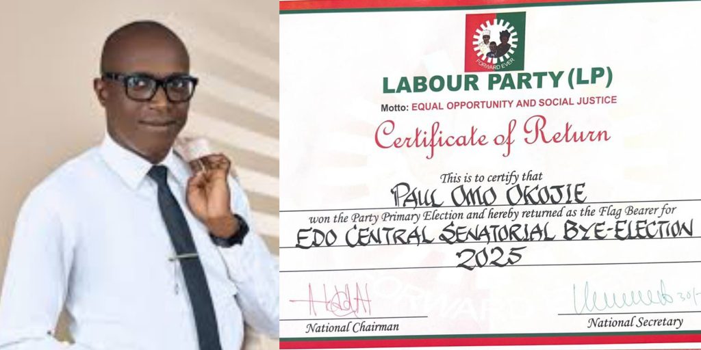 Edo Central Bye-Election: LP Issues Certificate Of Return To Paul Omo Okojie.