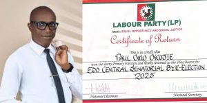 Edo Central Bye-Election: LP Issues Certificate Of Return To Paul Omo Okojie.