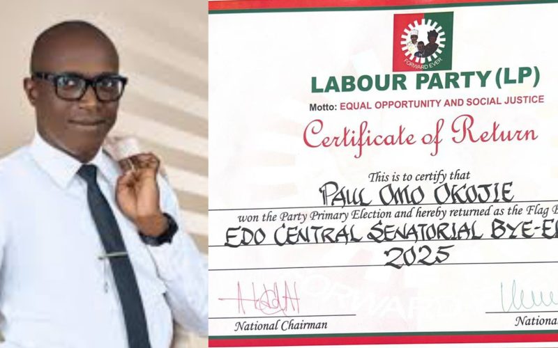 Edo Central Bye-Election: LP Issues Certificate Of Return To Paul Omo Okojie.