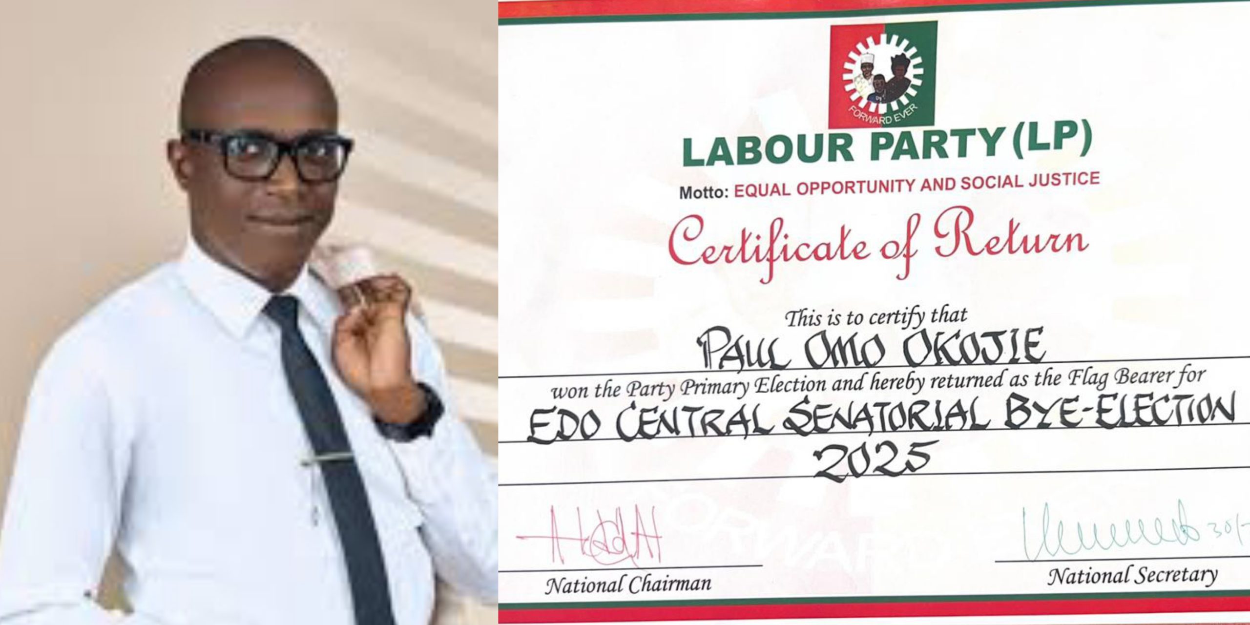 Edo Central Bye-Election: LP Issues Certificate Of Return To Paul Omo Okojie.