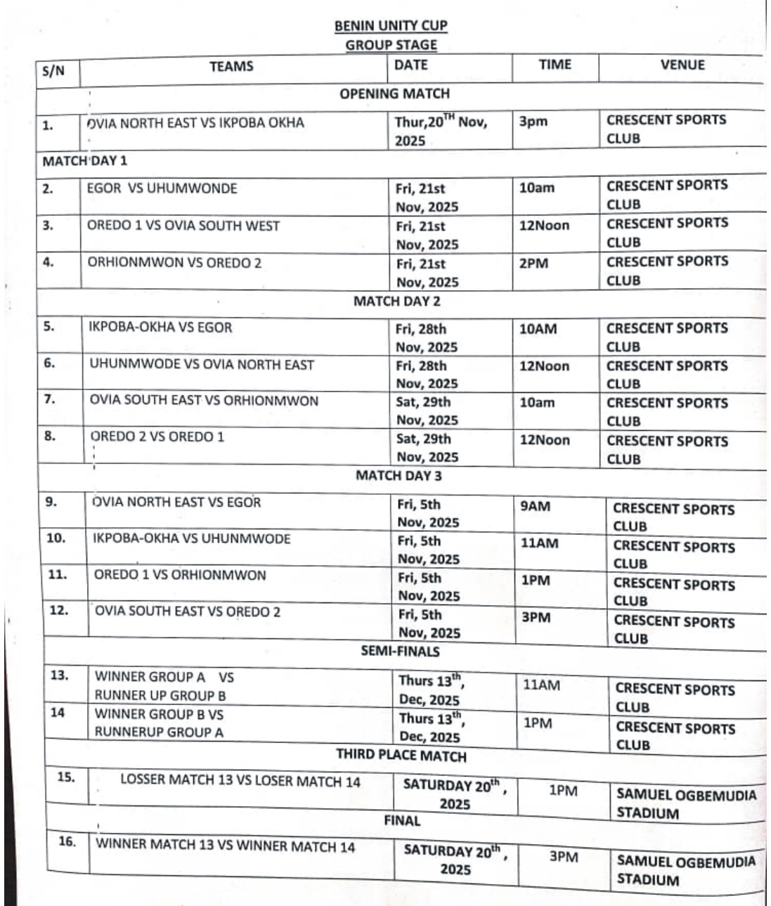 Organising Committee Releases Fixtures for The Benin Unity Football Cup Tournament Organising Committee Releases Fixtures for The Benin Unity Football Cup Tournament
